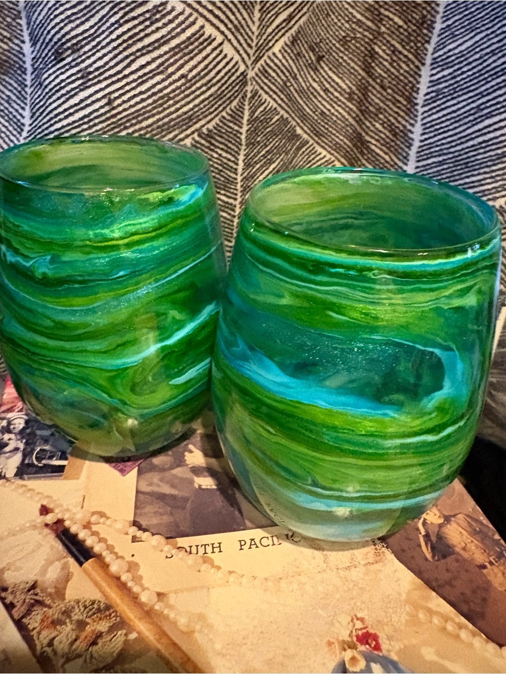Source Unknown Green and Aqua Swirled Glass Tumblers - Set of 2
